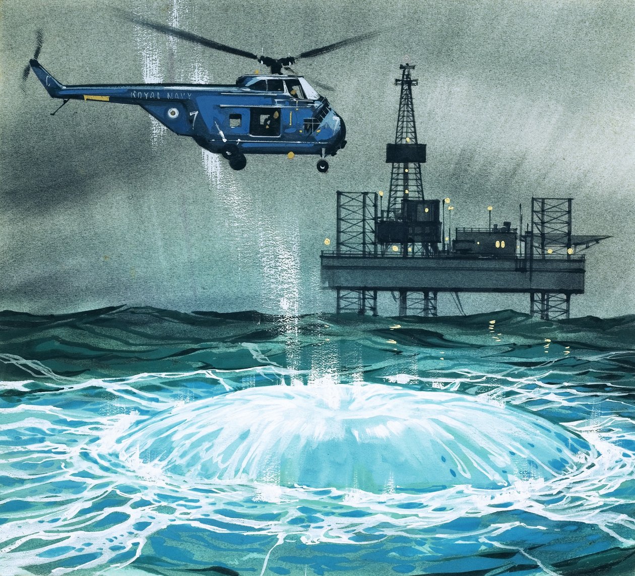 En helikopter närmar sig en oljerigg av Angus McBride
