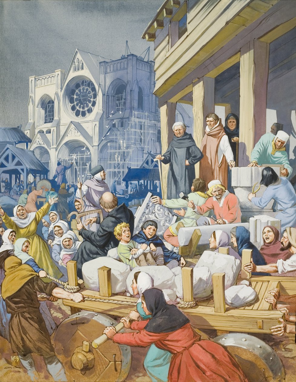 Abbot Suger (ca 1081-1151) och uppförandet av klostret St Denis (gouache på papper) av Angus McBride