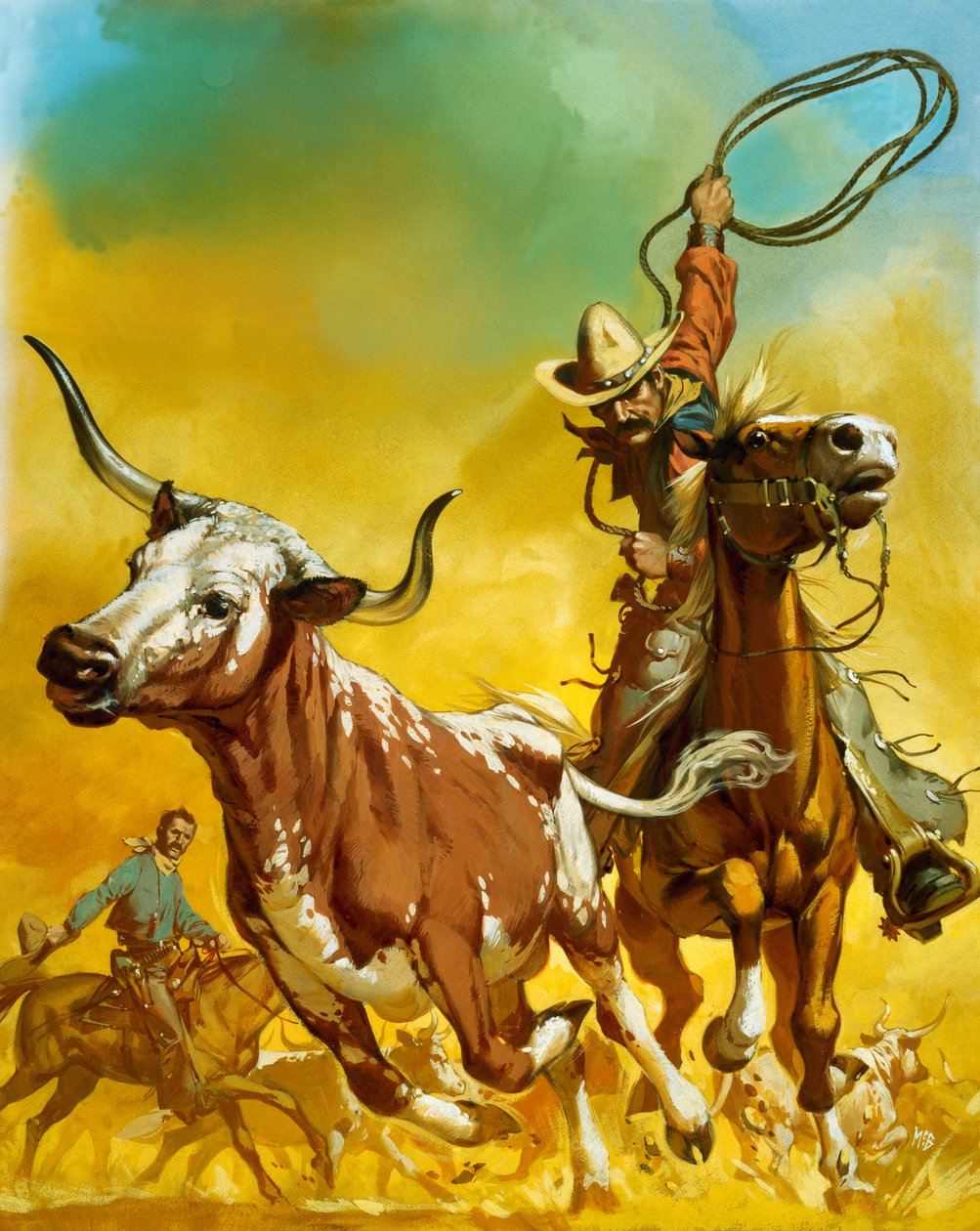 Cowboy som fångar boskap med lasso (gouache på papper) av Angus McBride