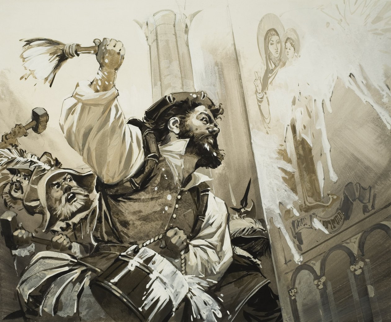Fanatiker stormar kyrkorna i Basel i det protestantiska Schweiz (gouache på papper) av Angus McBride