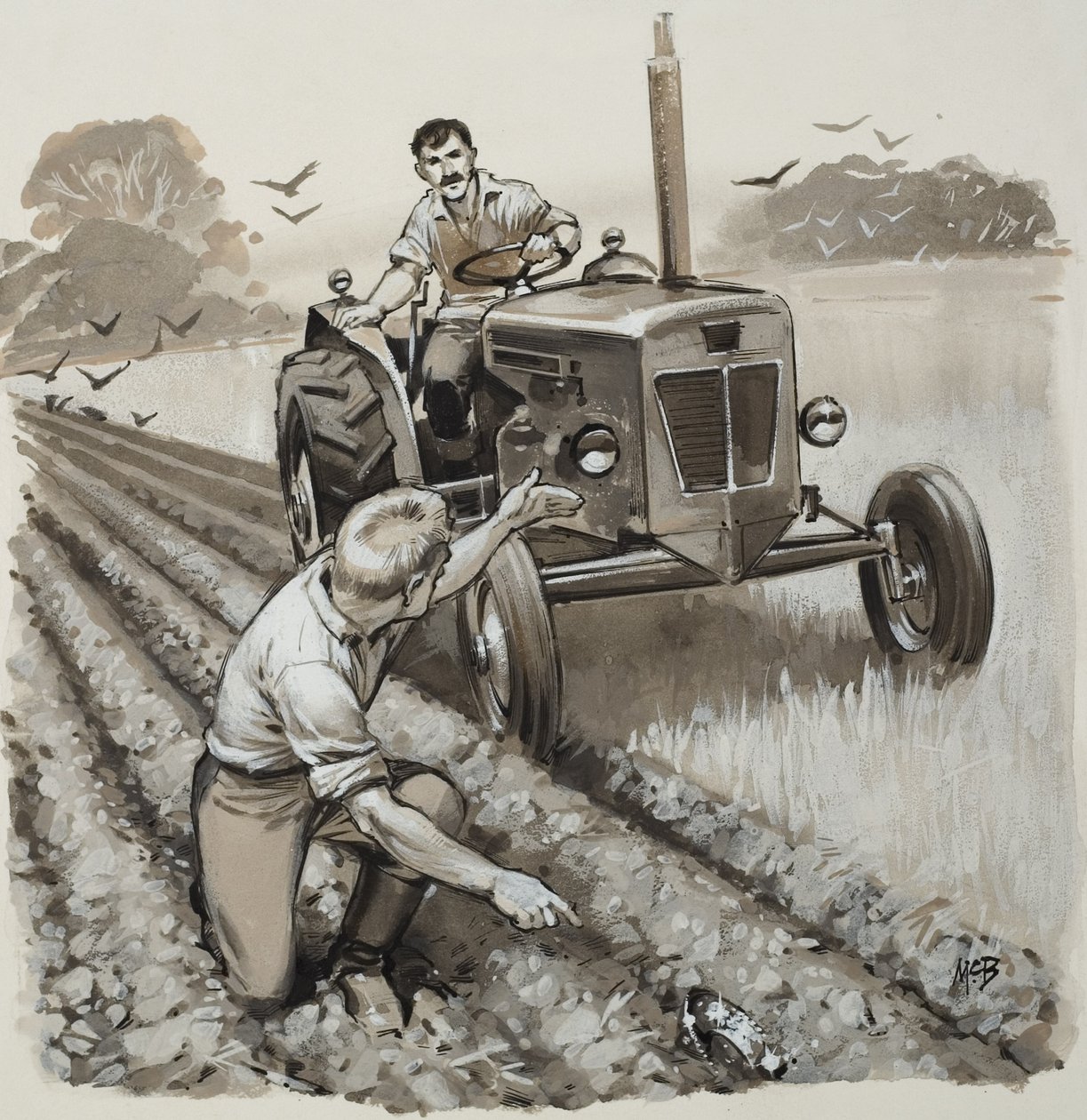 Bonde upptäcker en antikvarisk relik (gouache på papper) av Angus McBride