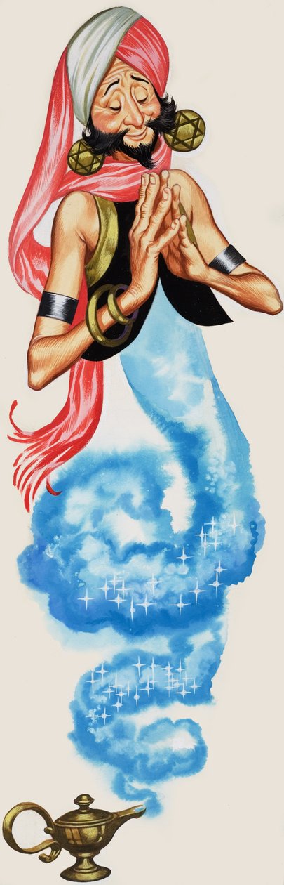 Genie stiger ut ur sin lampa, illustration från "Aladdin and his Wonderful Lamp" (gouache på papper) av Angus McBride
