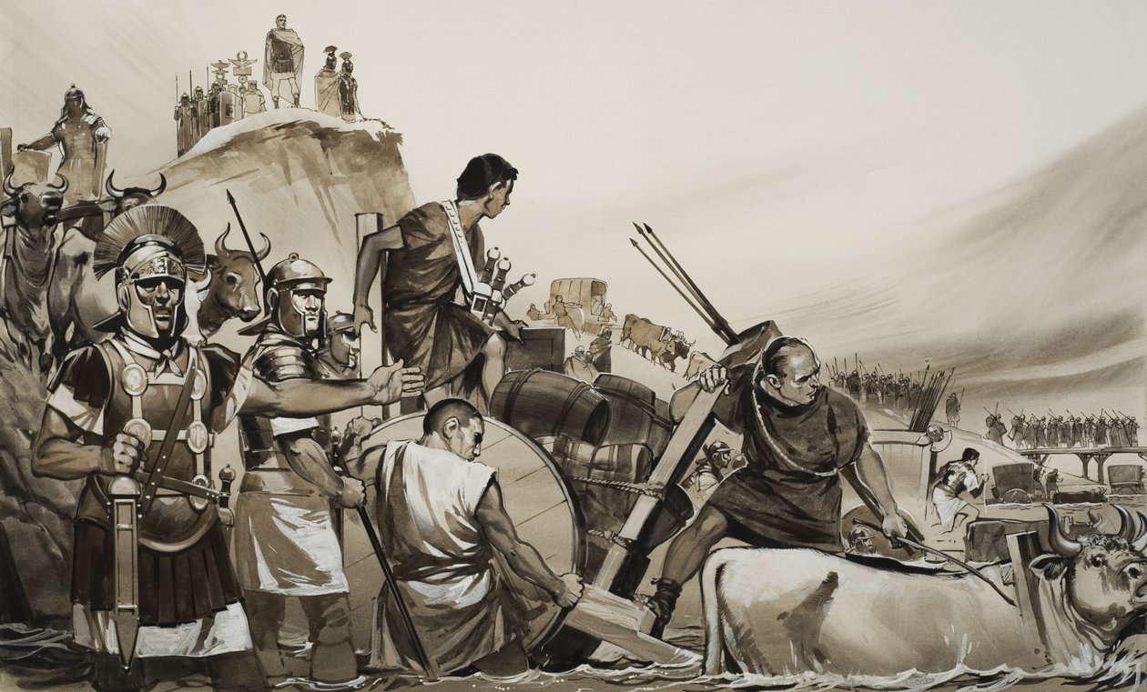 Julius Caesar (100-44 f.Kr.) ledde sina soldater över den lilla floden Rubicon och marscherade mot Rom (gouache på papper) av Angus McBride