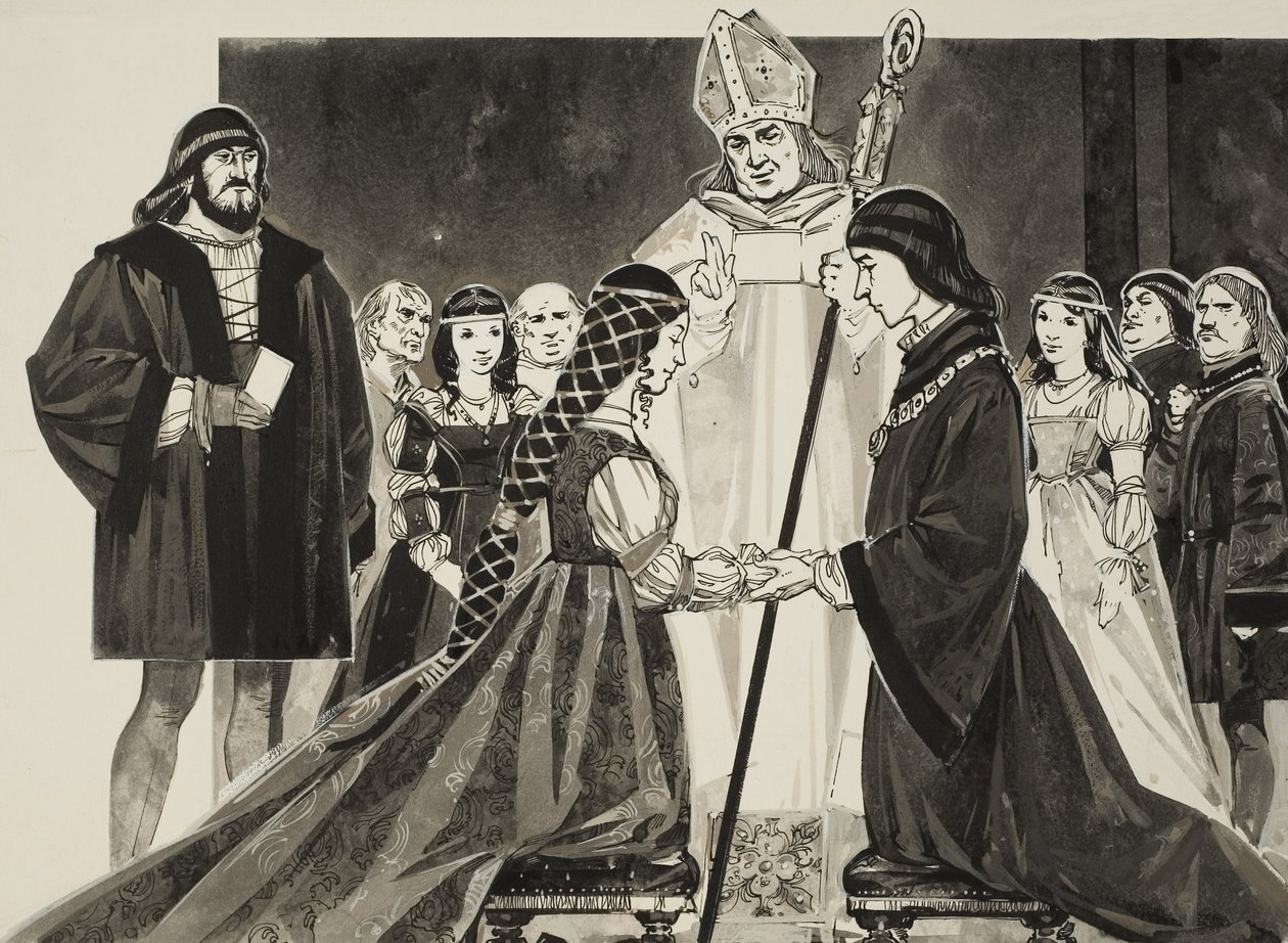 Lucrezia Borgias (1480-1519) äktenskap med hertig Alfonso (gouache på papper) av Angus McBride