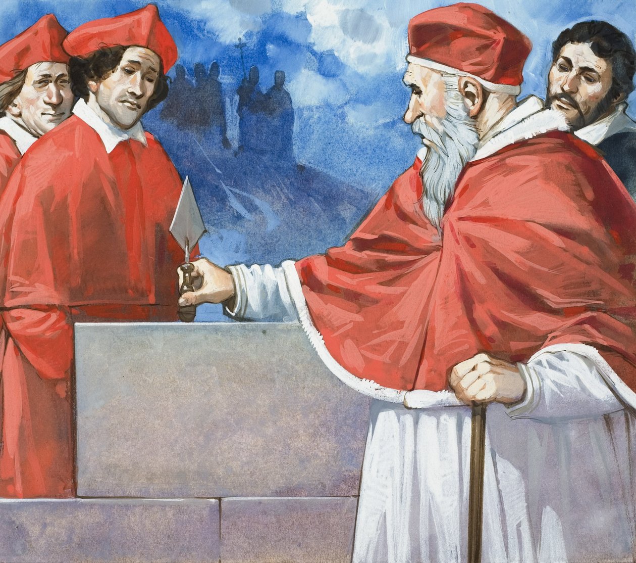 Påve Julius II (1443-1513) lägger hörnstenen till Peterskyrkan 1506 (gouache på papper) av Angus McBride
