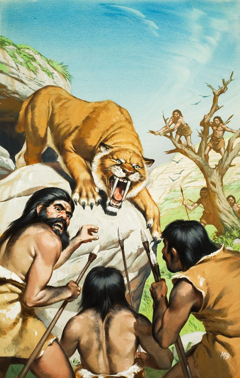 Sabeltandad tiger och grottmänniskor (gouache på papper) av Angus McBride