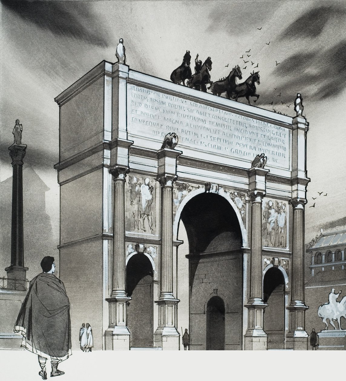 Triumfbåge för kejsar Lucius Septimius Severus, Rom (gouache på papper) av Angus McBride
