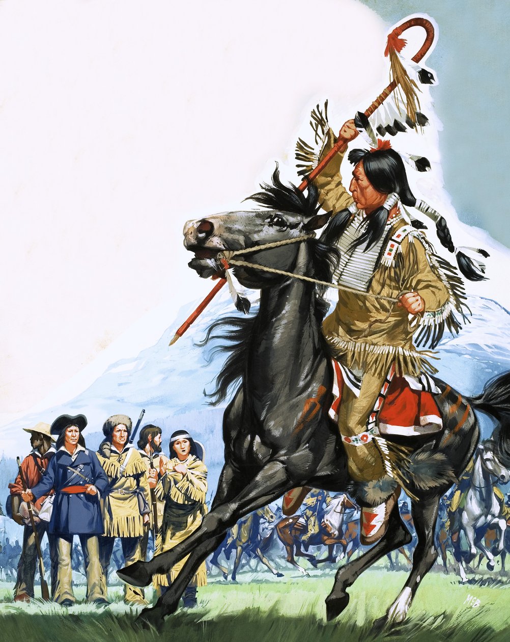 Oidentifierade indianer omringar en liten grupp scouter av Angus McBride