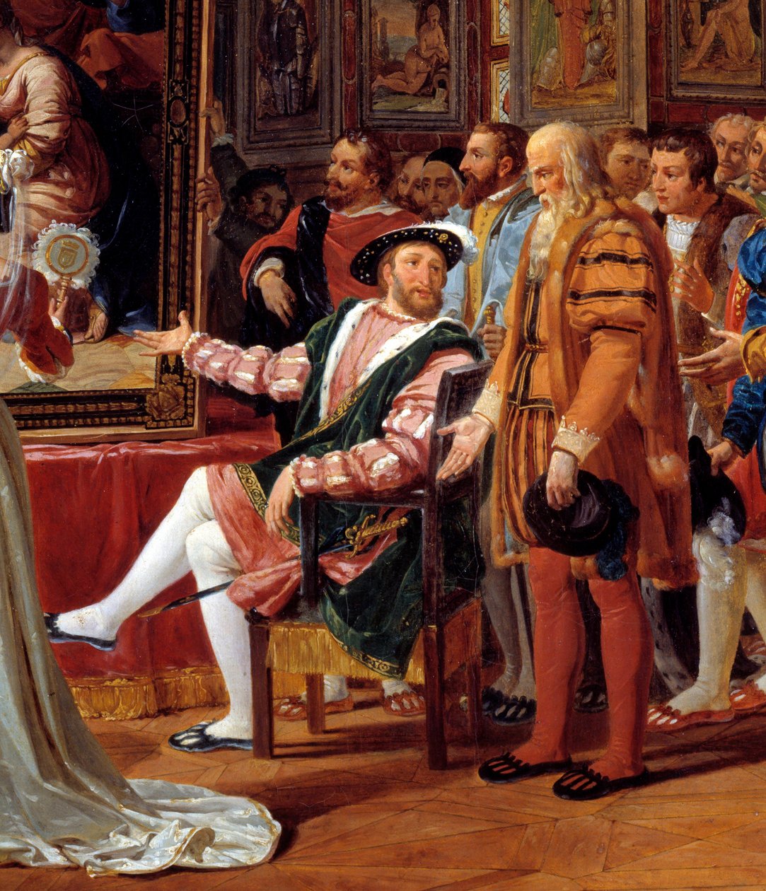 Detalj av målningen: Francois 1:a århundrade: Francois 1:e kung av Frankrike tar emot i Fontainebleau målningen av den heliga familjen, skickad från Rom av Rafael (Raffaello sanzio italiensk målare) som en hyllning till hans tacksamhet. Leonard de Vinci (L av Anicet Charles Gabriel Lemonnier