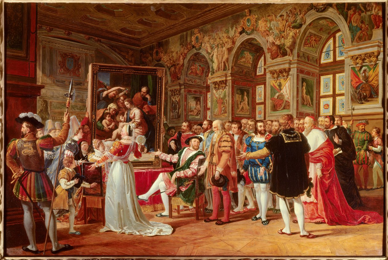 Francois 1:a århundradet: Francois 1:e kung av Frankrike tog emot målningen av den heliga familjen i Fontainebleau, skickad från Rom av Rafael (Raffaello sanzio italiensk målare) som en hyllning till hans tacksamhet. På dess sidor skiljer vi: (Del till vän av Anicet Charles Gabriel Lemonnier