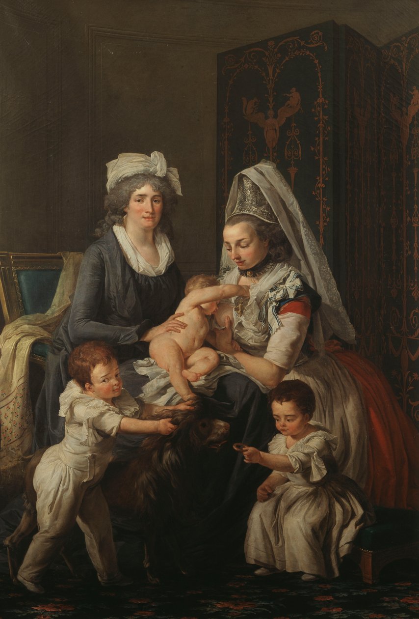 Porträtt av en dam, i en interiör med sin sjuksköterska och tre barn, av Anicet Charles Lemonnier