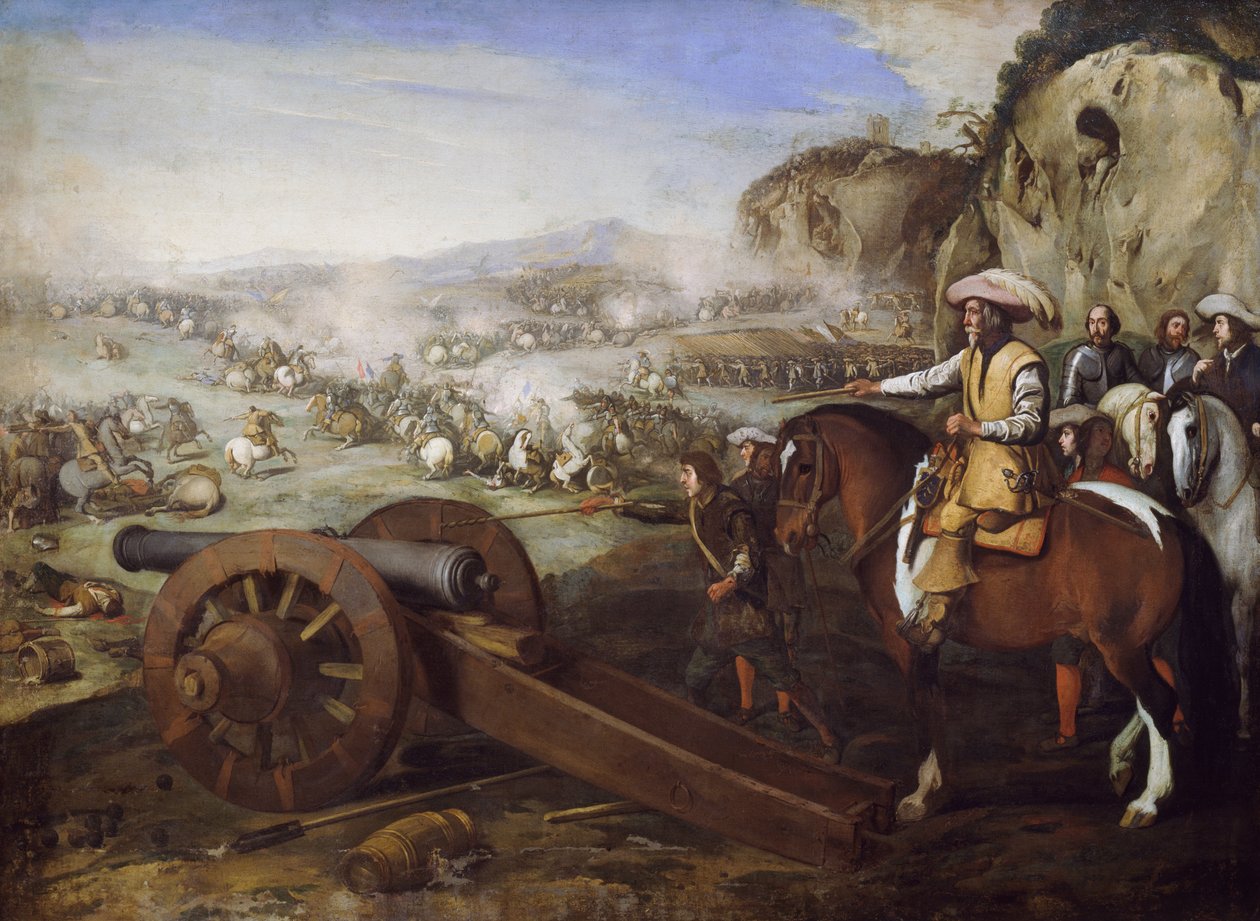 Kapten till häst beordrar att avfyra kanon under strid, målning av Aniello Falcone (1607-1656), olja på duk, 94x131 cm av Aniello Falcone