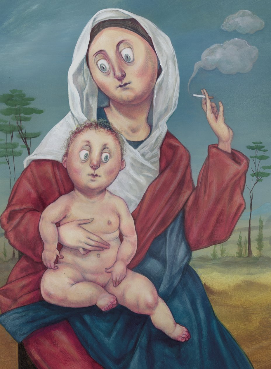 Madonna på cigarettpaus, 2018 (akrylfärg på illustrationsskiva) av Anita Kunz