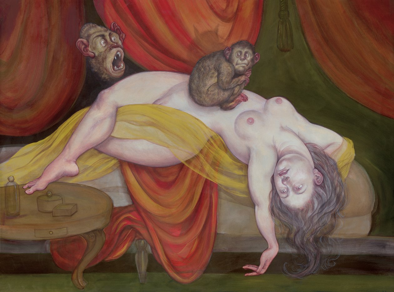 Nightmare With Ape, 2018 (akrylfärg på illustrationsskiva) av Anita Kunz