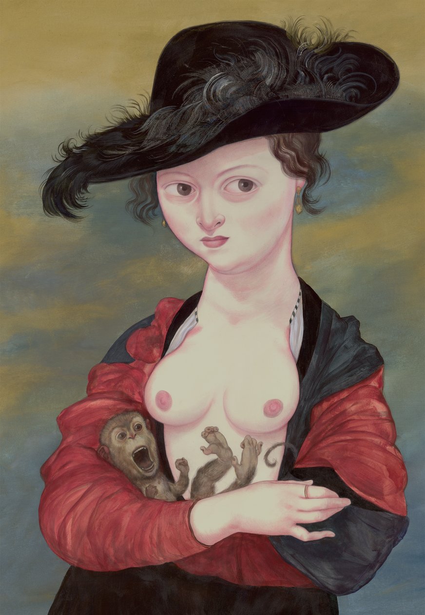 Porträtt av en dam med en titi, 2016 (akrylfärg på illustrationstavla) av Anita Kunz