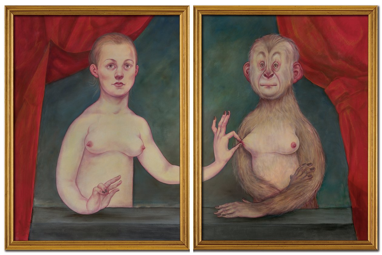 Simia och en av hennes systrar, 2018 (akrylfärg på illustrationsskiva) av Anita Kunz