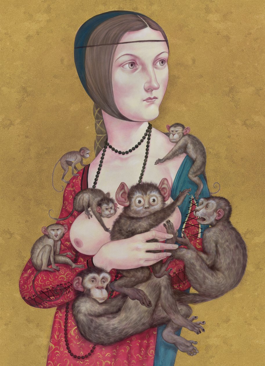 Kvinna med apor, 2016 (akrylfärg på illustrationstavla) av Anita Kunz
