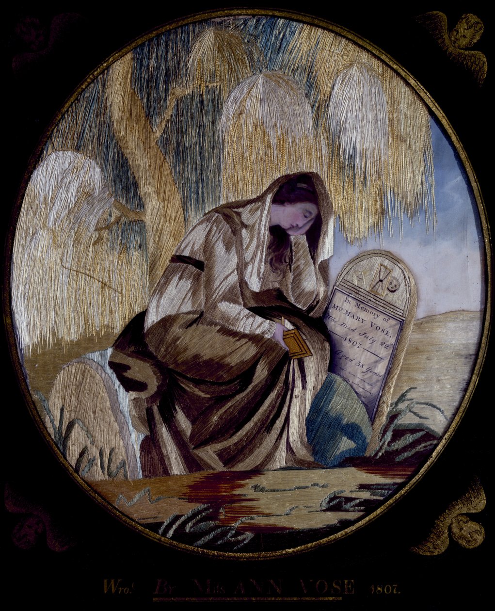 Broderad minnesbild, 1807 (siden, papper, akvarell och bläck) av Ann Vose