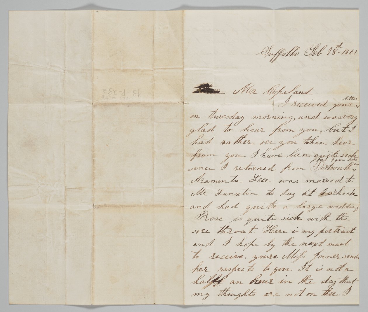 Brev till John Copeland från hans hustru Ann, 18 februari 1861. av Ann Hurst Copeland