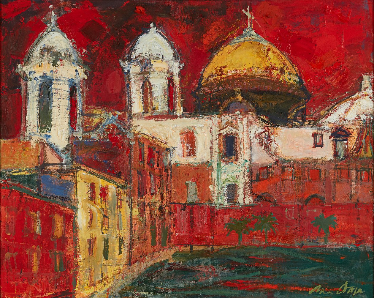 Cadiz katedral och byggnader, röd himmel (olja på duk) av Ann Oram