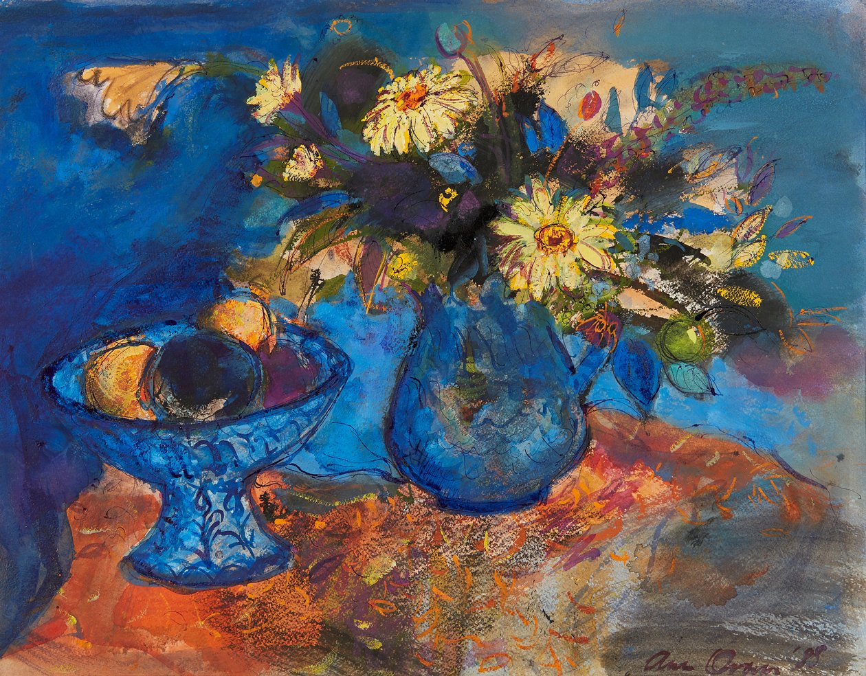 Blommor och frukt på blått och orange (bläck och akvarell) av Ann Oram