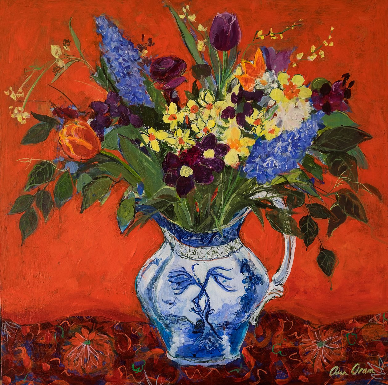 Vårblommor på rött, 2017 (akryl) av Ann Oram
