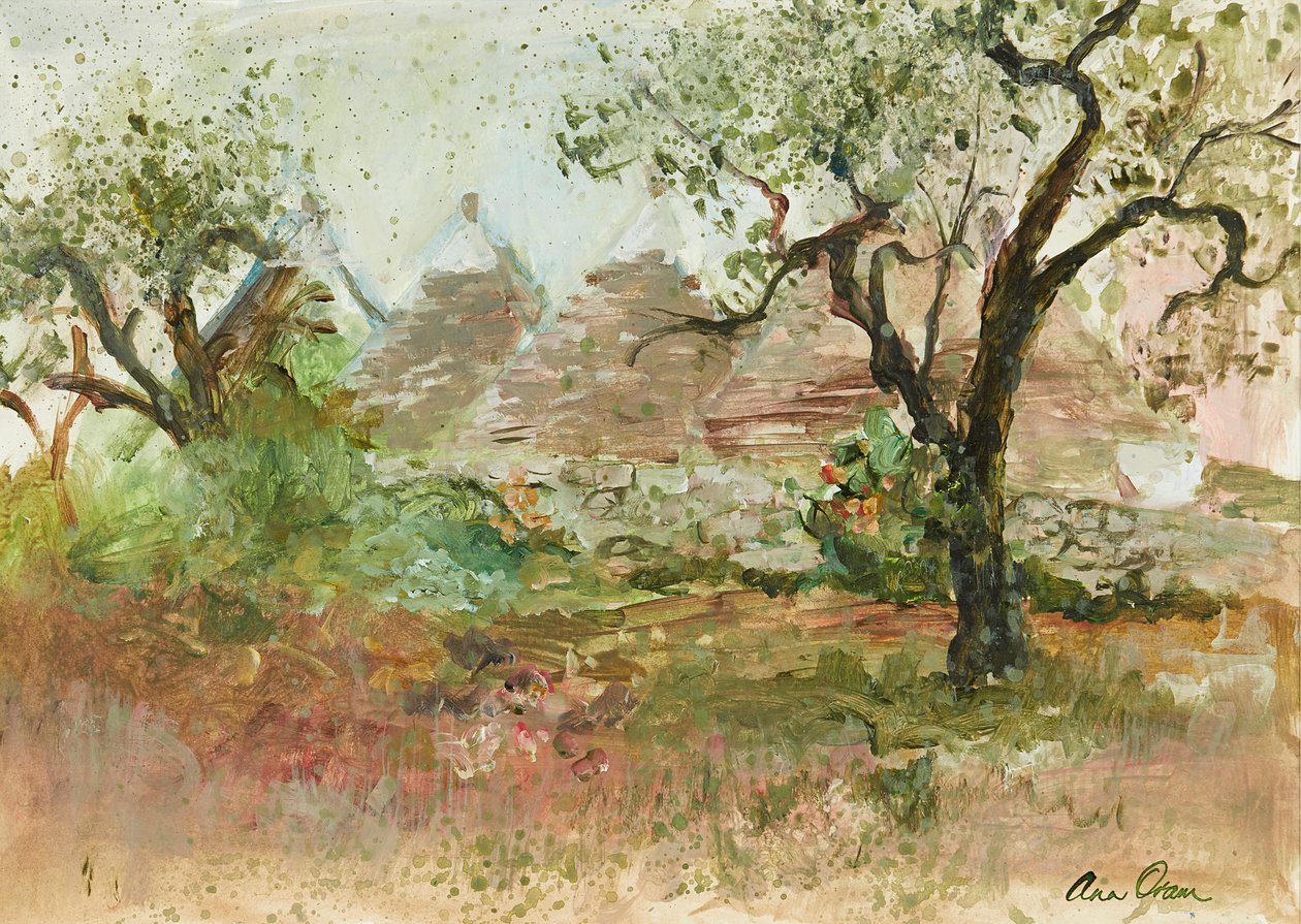 Trulli och olivträd (akvarell och gouache) av Ann Oram