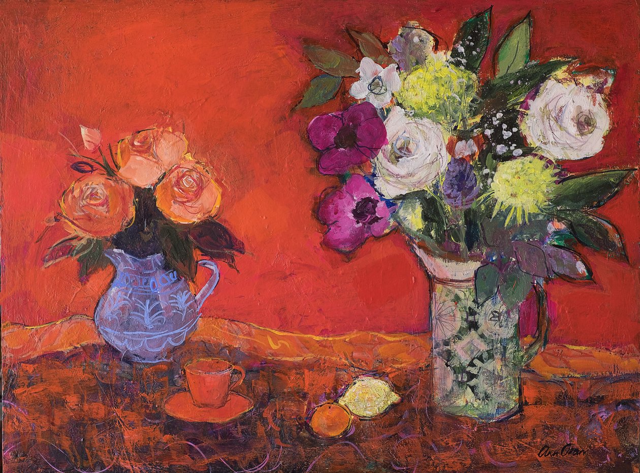 Två kannor med blommor på rött, 2019 (akryl) av Ann Oram