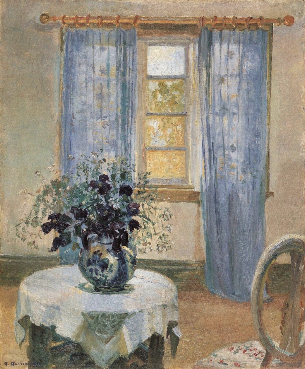  Blue Clematis in the Artists Studion av Anna Ancher