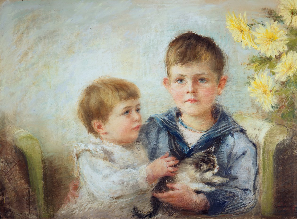 En pojke och flicka med en kattunge, 1889 (pastellfärgad på papper) av Anna Lea Merritt