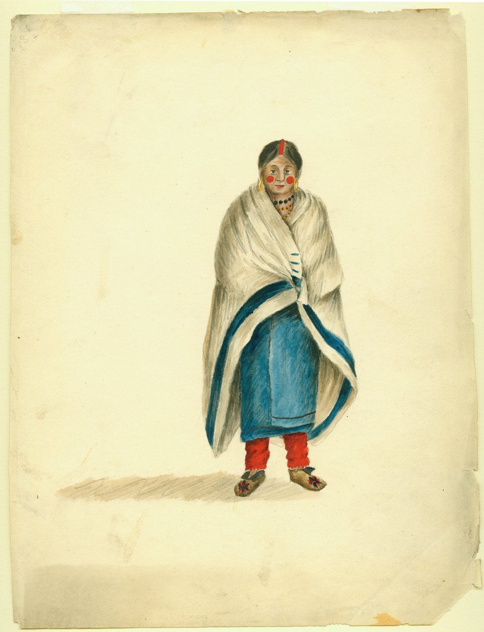 Indian woman wearing red leggings with blue wrap and leather moccasins, two red dots on cheeks, a red stripe on her head and an Indian trade blanket over her shoulders av Anna Maria von Phul