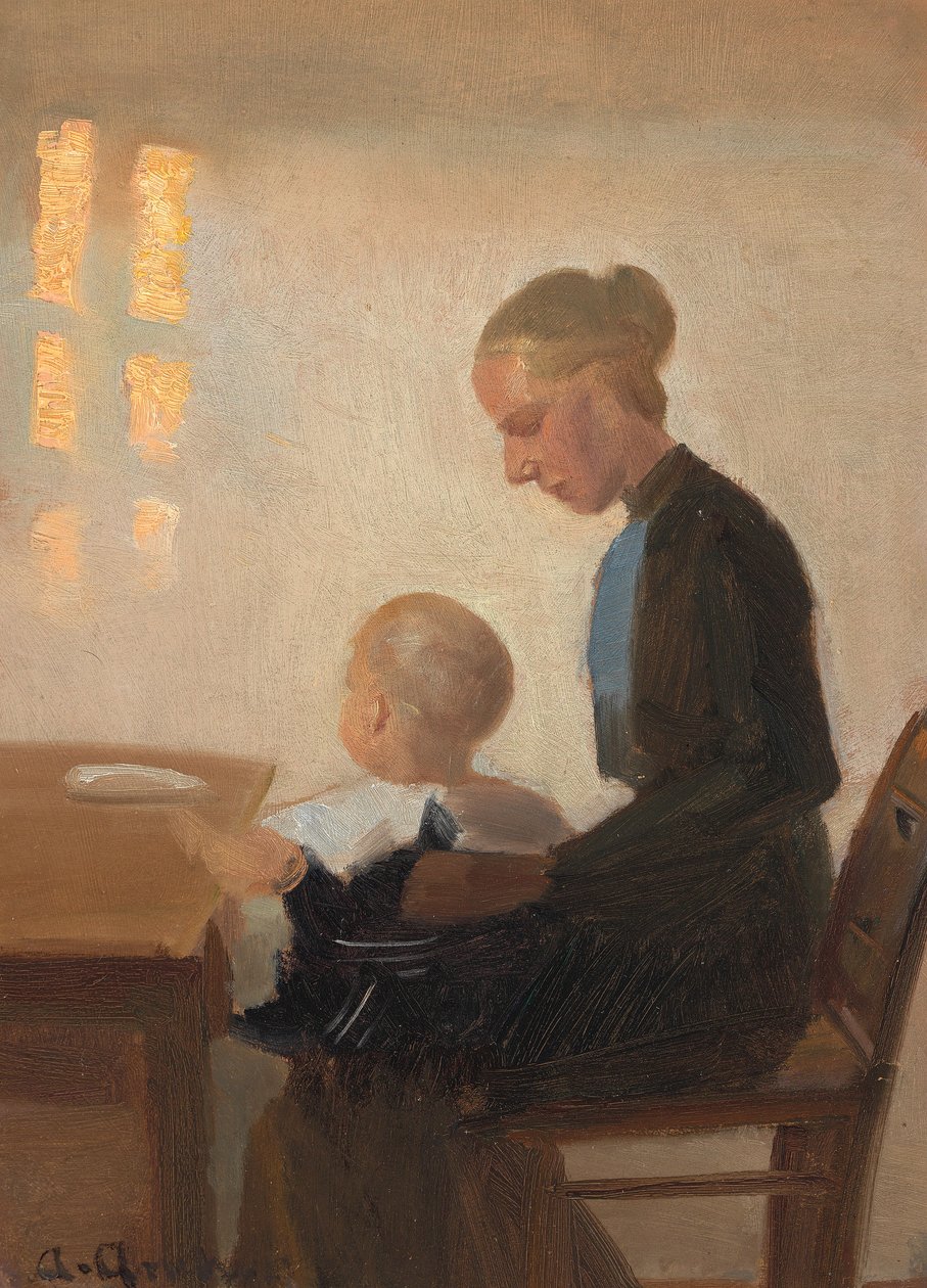 En interiör med en mor och ett barn. av Anna Ancher