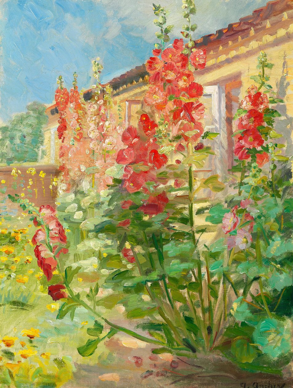 Röda stockrosor i familjen Anchers trädgård på Markvej i Skagen. av Anna Ancher