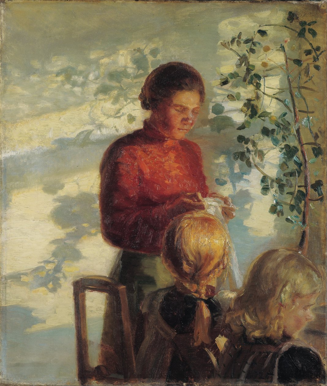 Två små flickor som lärs sy av Anna Ancher