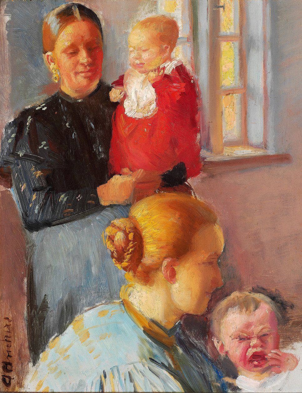 Två unga mödrar med sina små barn. Studie för "Vaccination". av Anna Ancher