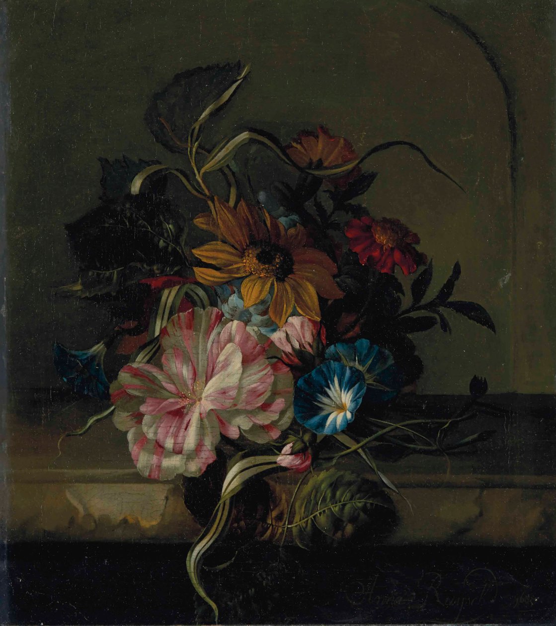 Solros, bindväv och tvåfärgad tulpan av Anna Elisabeth Ruysch