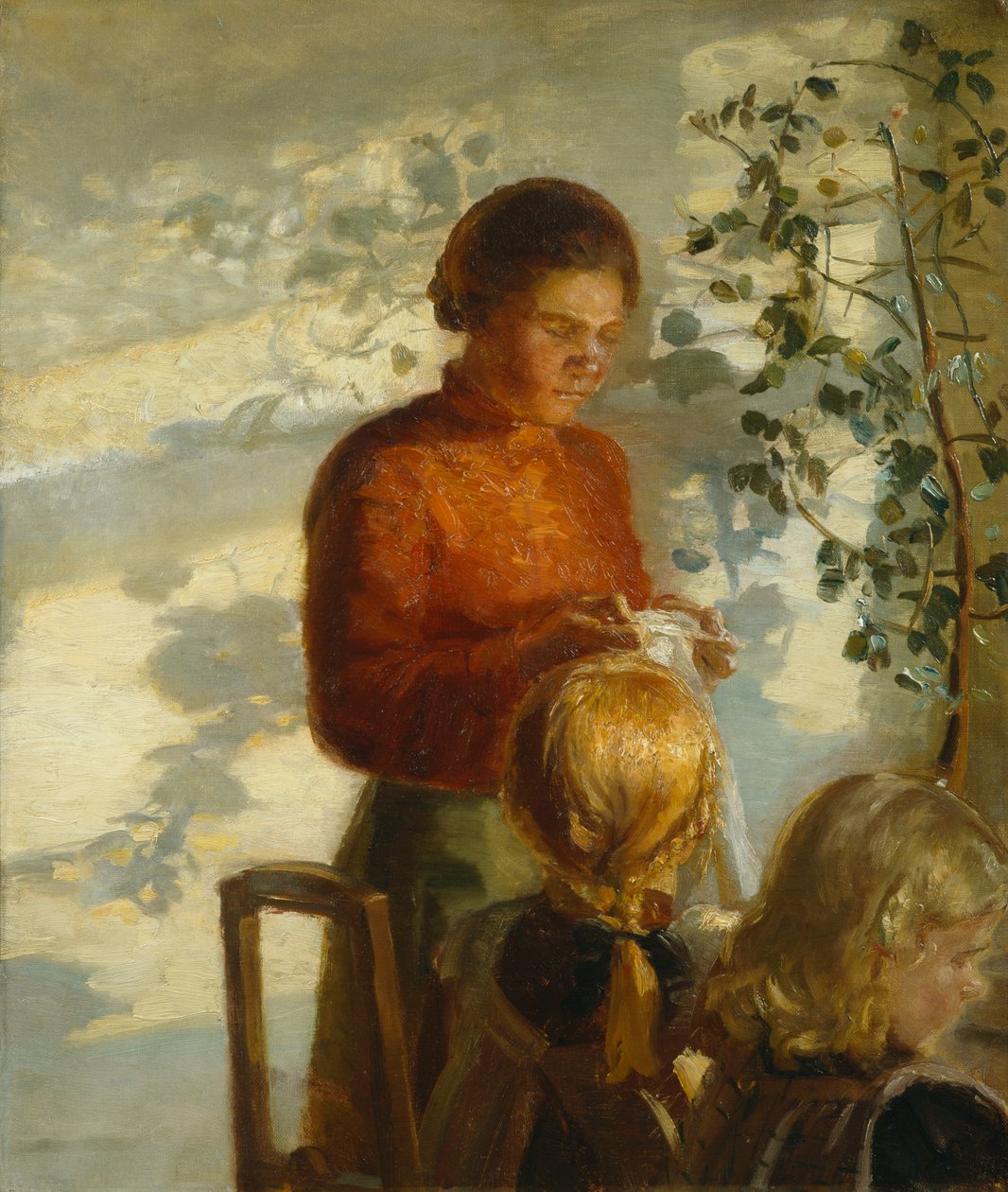 Små flickor lär sig sy, ca 1910 (målning) av Anna Kirstine Ancher