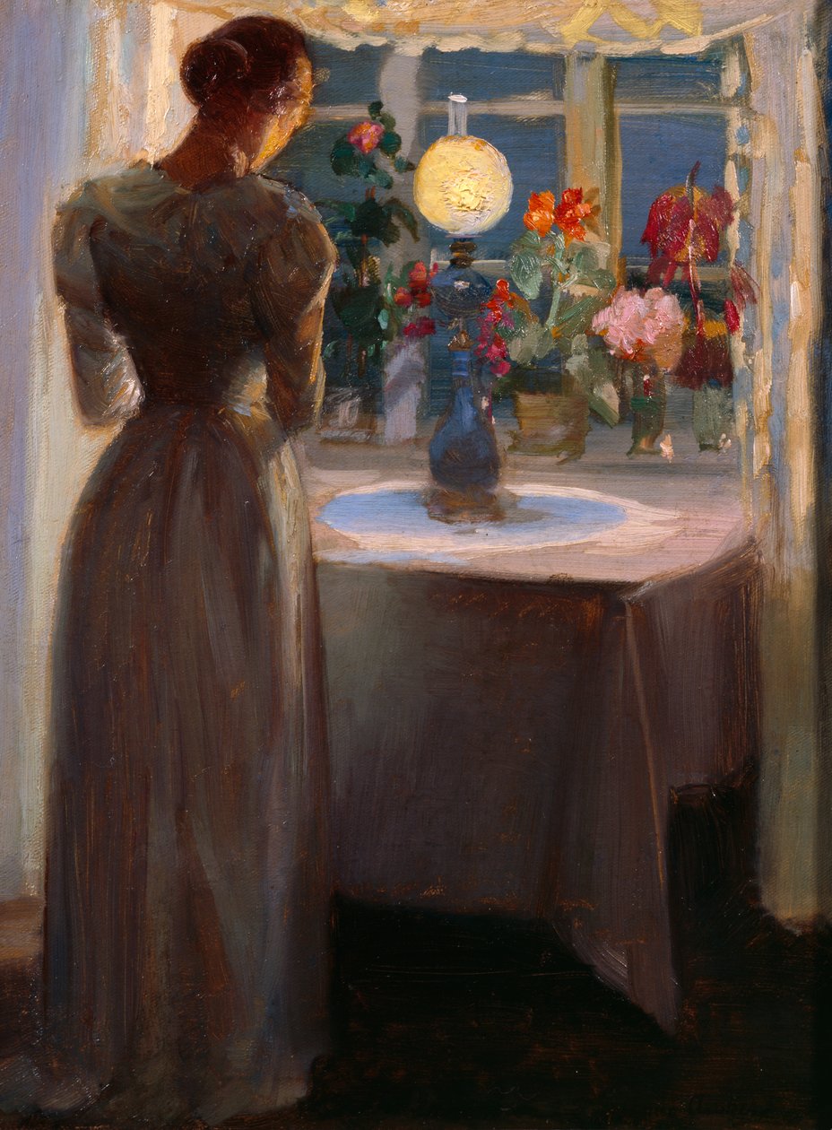 Ung flicka framför en lampa av Anna Kirstine Ancher