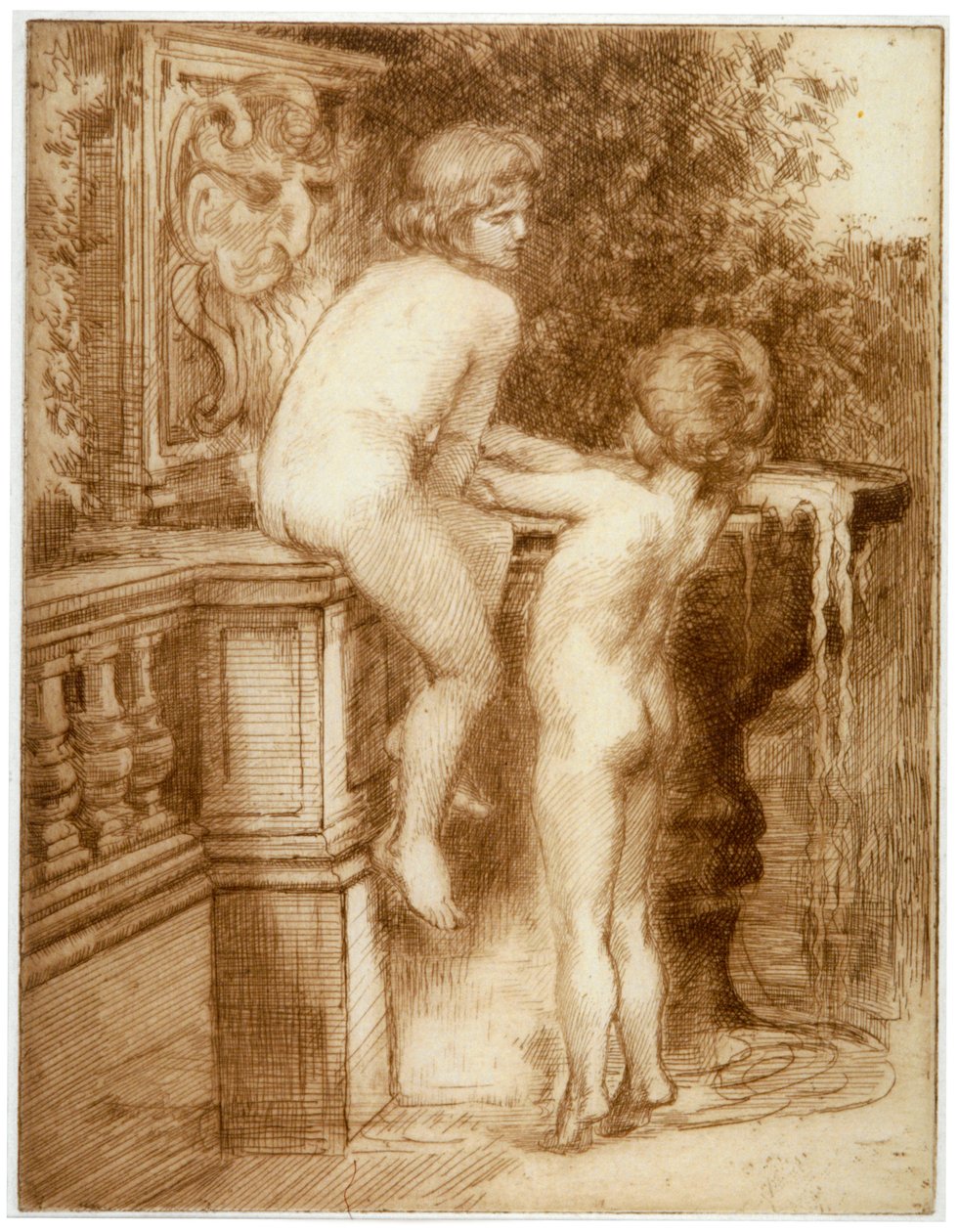 "Två pojkar vid en vattenfontän", c1864-1930 av Anna Lea Merritt