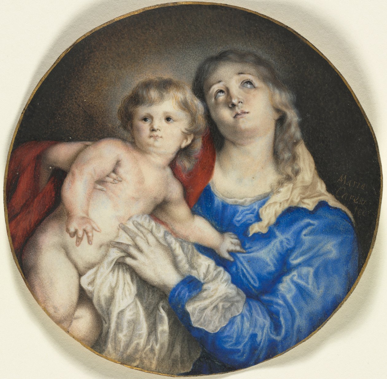Jungfru med barn, ca 1662 (akvarell förstärkt med tuggummi på pergament, med guld) av Anna Maria Carew