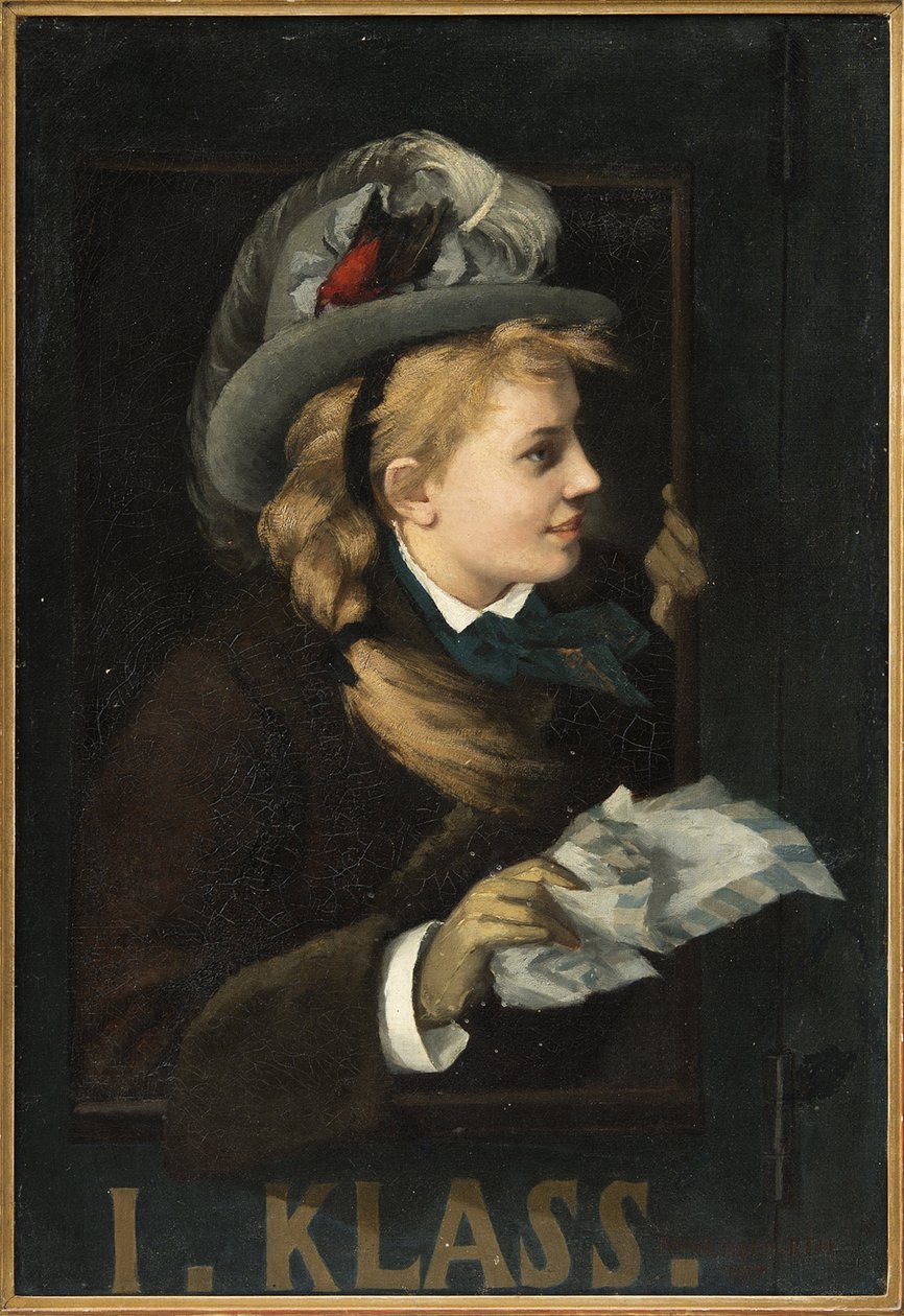 Kvinna vid fönstret på ett tåg - Dam i ett tågfönster, av Nordgren, Anna (1847-1916). olja på duk av Anna Nordgren
