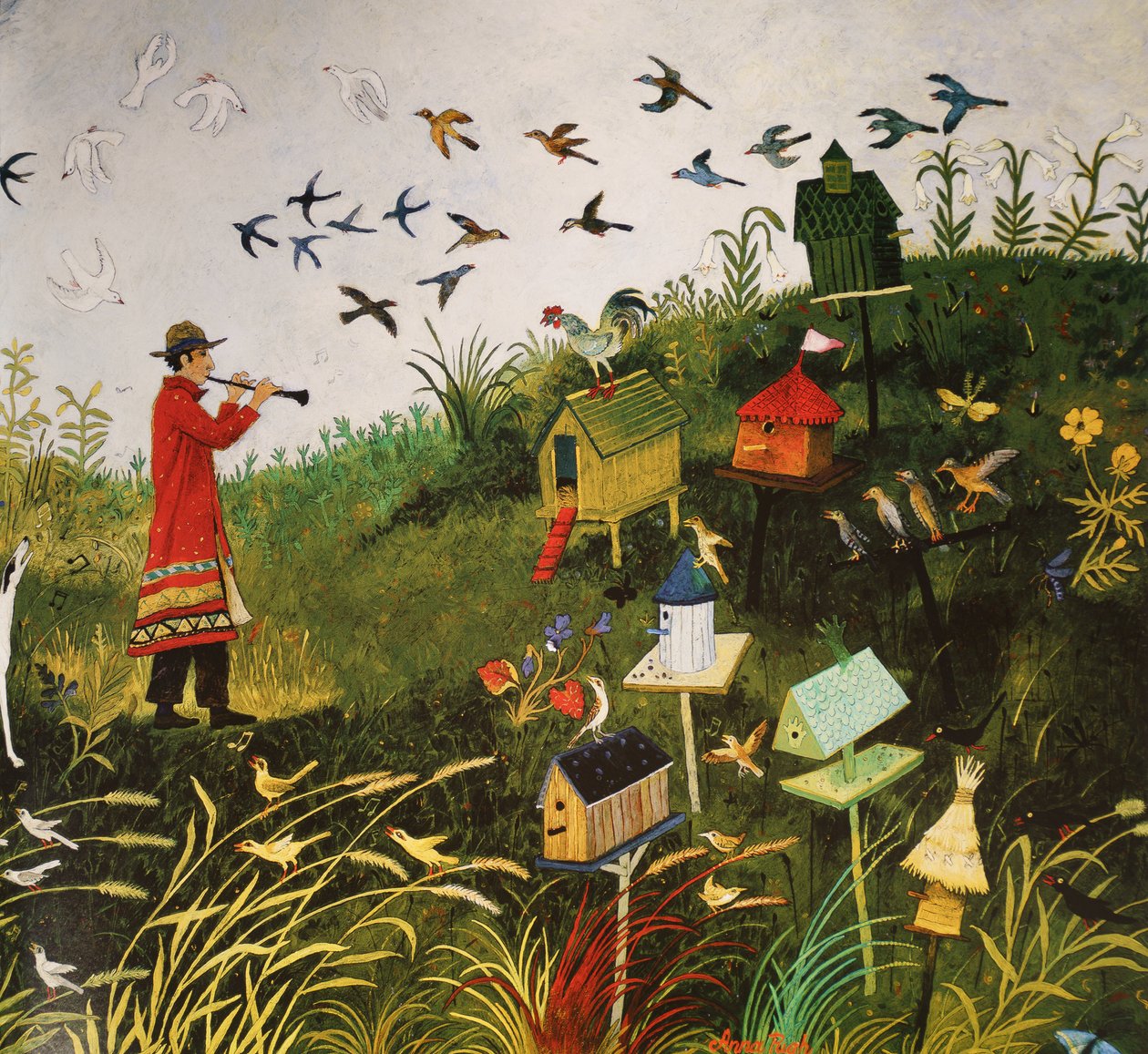 Bird Piper med svarta fåglar, 2001 (akryl) av Anna Pugh