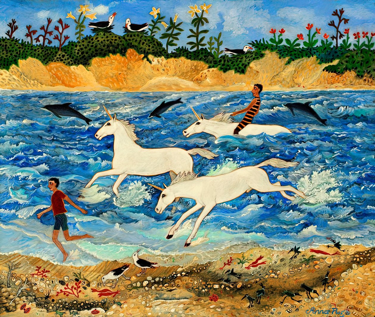 Träning av en enhörning, 2012 (akryl) av Anna Pugh