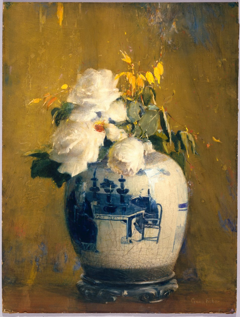 De vita rosorna, före 1922 (täckande akvarell, grafit, inslag av pastell och inslag av transparent akvarell på krämfärgat, måttligt tjockt, lätt strukturerat varvat papper monterat på kartong av trämassa) av Anna S. Fisher