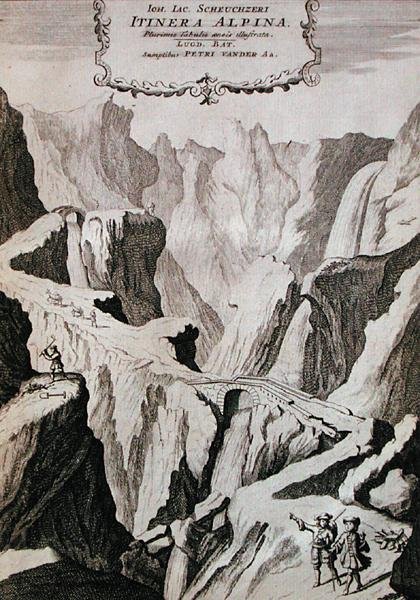 Frontispice till volym I av "Itinera Alpina" av Johann Jacob Scheuchzeri, publicerad 1706 (gravyr) av Anna Wasera (after) Tigurina