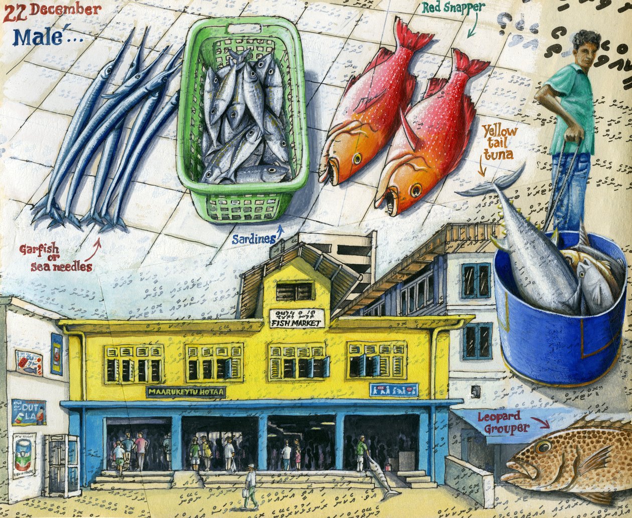 Fiskmarknaden, 2018 (gouache och penna) av Annalisa Morrocco