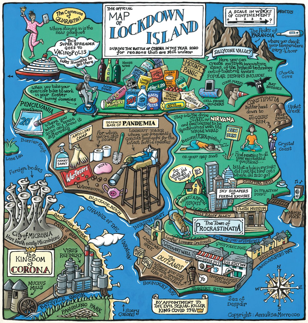 Karta över Lockdown Island, 2020 (akryl på papper) av Annalisa Morrocco