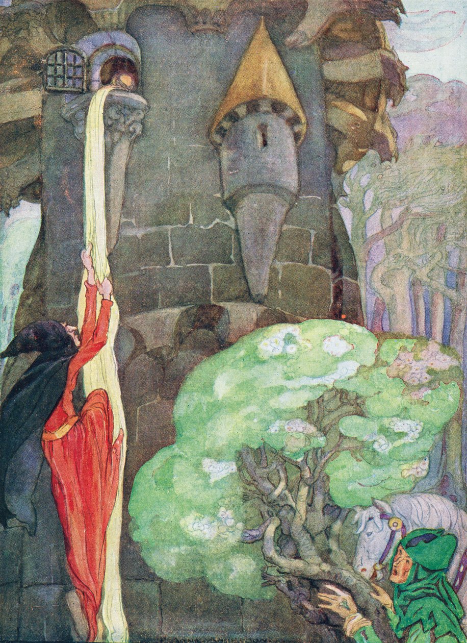 Illustration från "Rapunzel" av bröderna Grimm av Anne Anderson