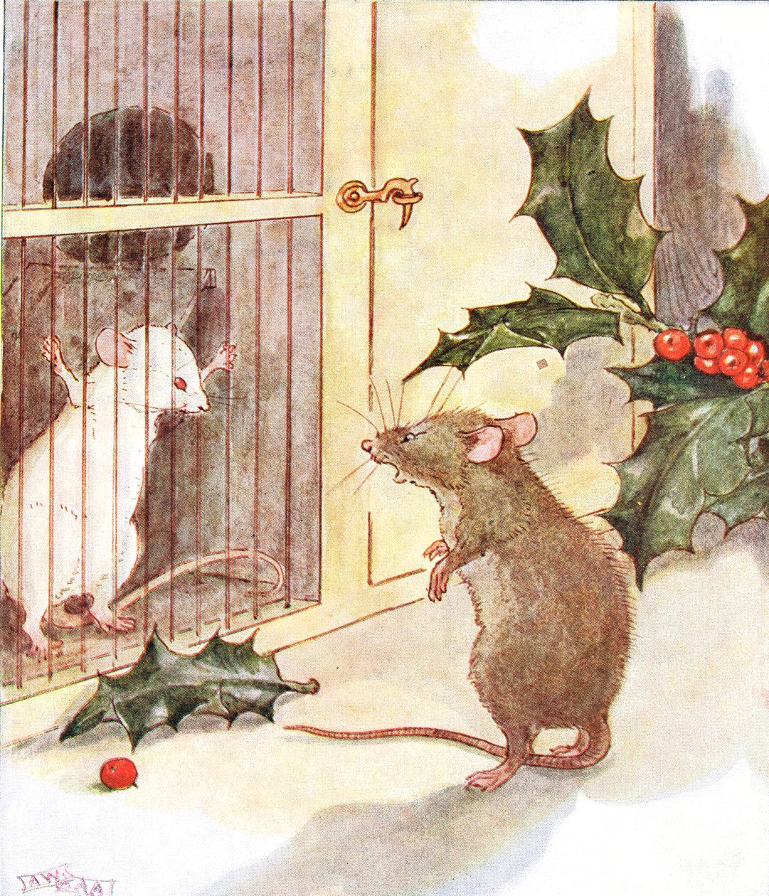 "Saw a prison and in it the white ghost of a mouse", illustration från "The Mischievious Mousie Book", utgiven av Thomas Nelson und Sons, 1920-talet. av Anne Anderson