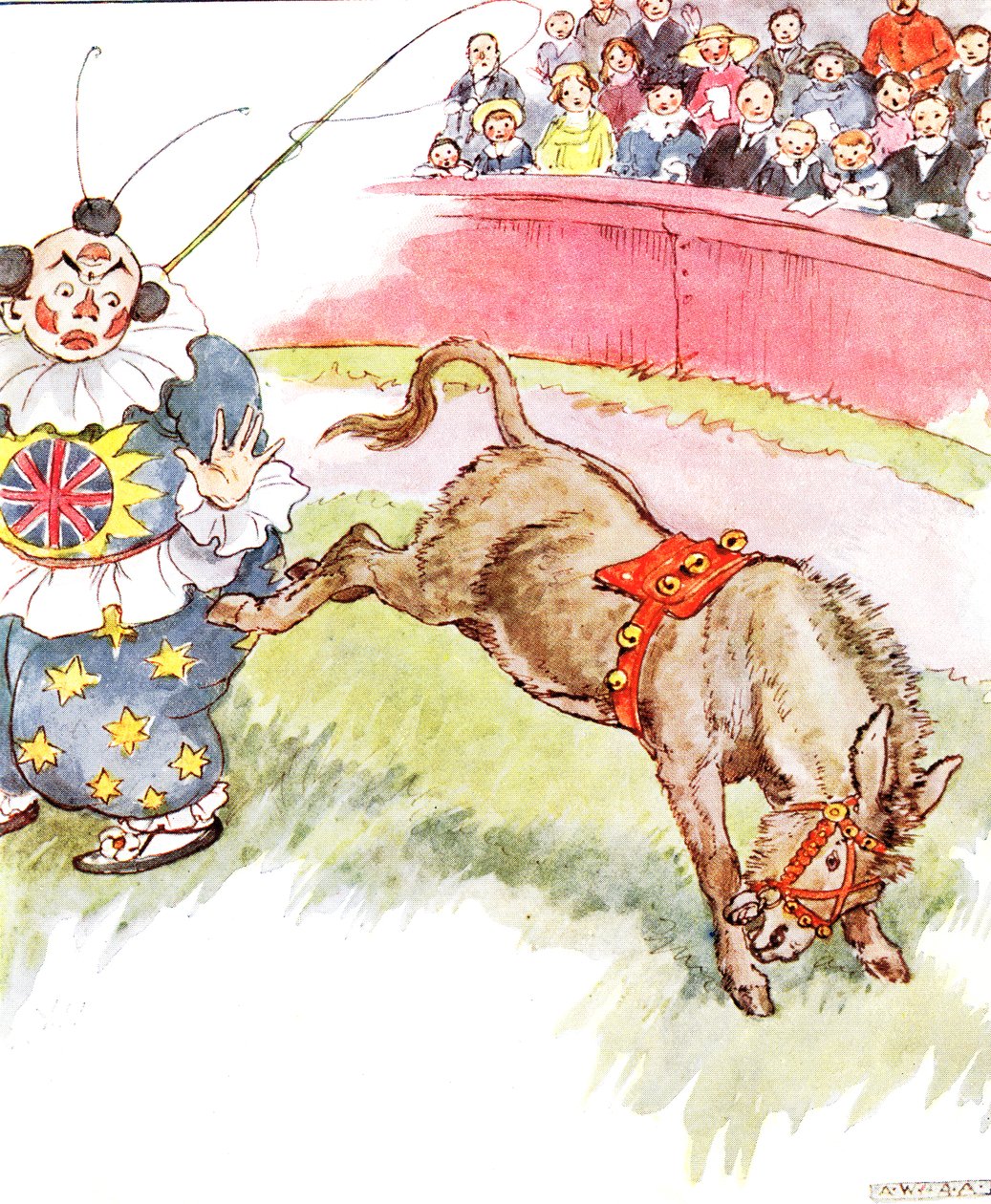 "Clownen var så dum i dag - jag sparkade honom ganska hårt", illustration från "The Naughty Neddy Book", utgiven av Thomas Nelson und Sons, 1920-talet. av Anne Anderson